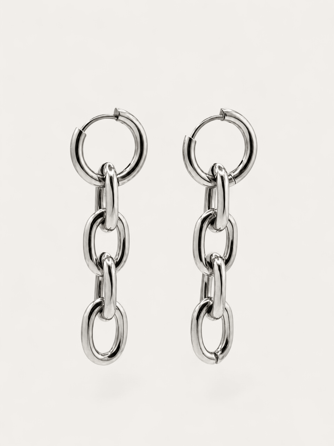 Silver chain hoop earrings, oval link drop