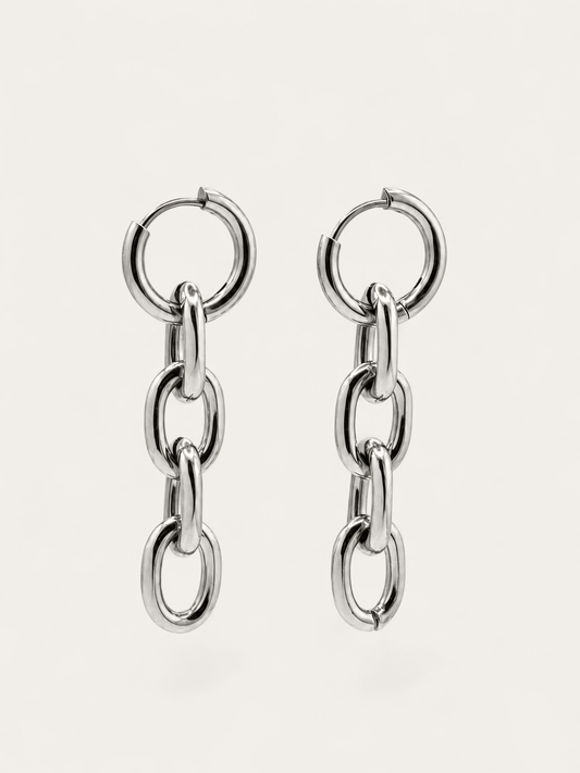 Silver chain hoop earrings, oval link drop