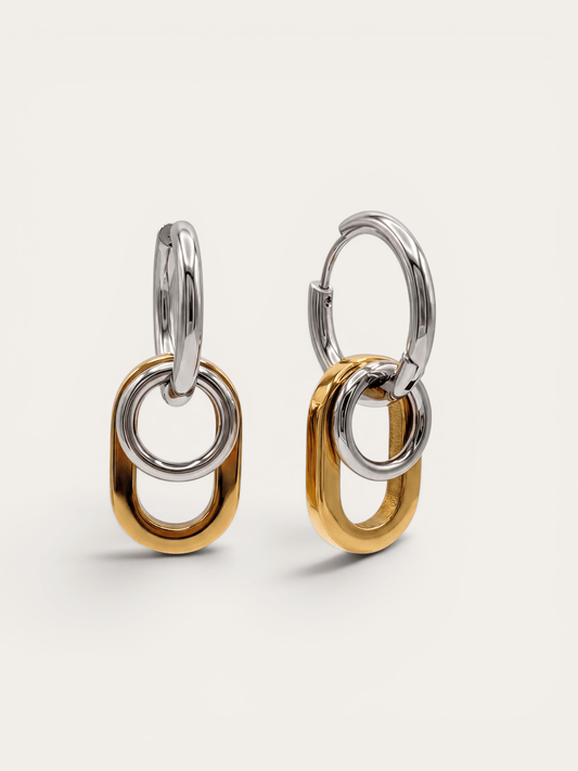Two-tone hoop earrings with dual link drop