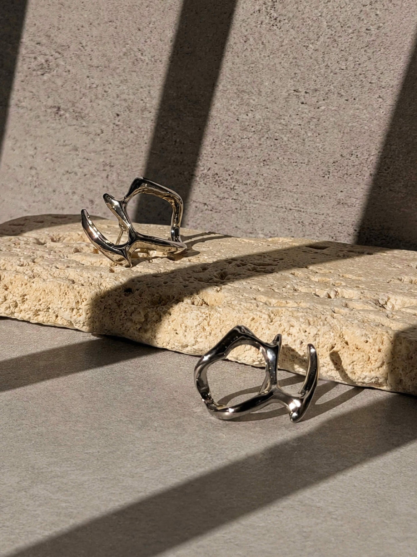 Silver open hoop earrings, organic molten shape