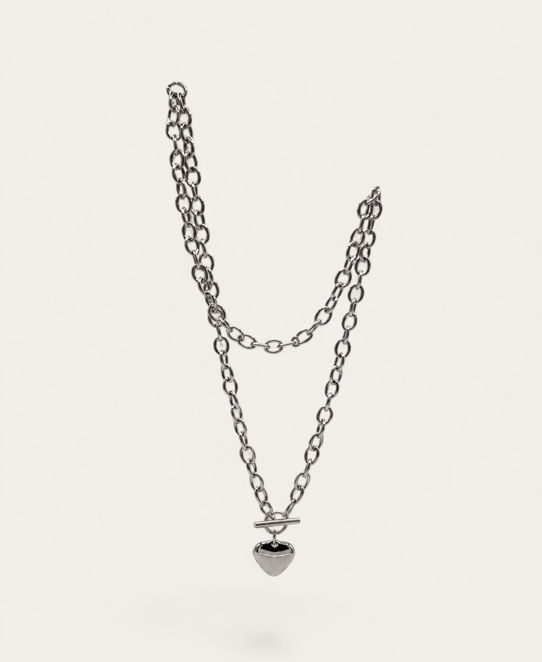 Silver chain necklace with heart pendant and toggle clasp