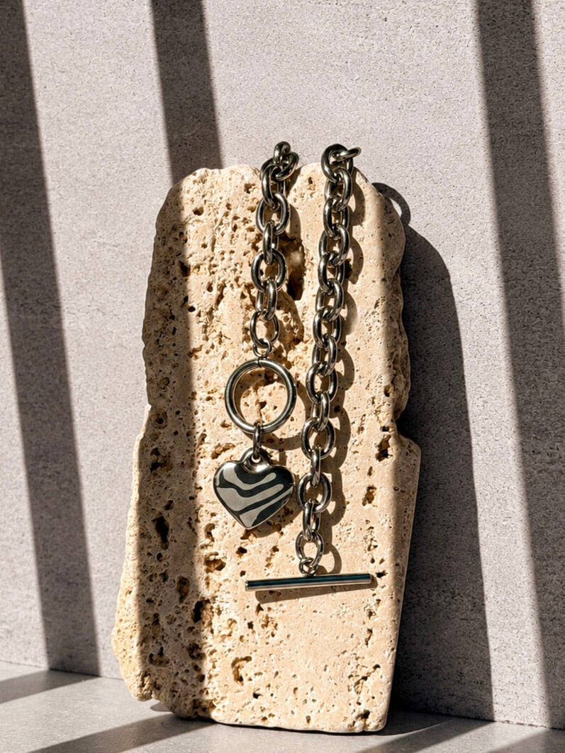 Silver chain necklace with heart pendant and toggle clasp